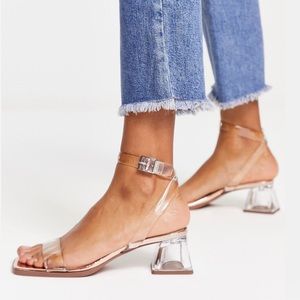Block heeled sandals in clear and rose gold